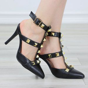 Black Pointed Toe High Heels Trendy Gold Studs Ankle Strap Stiletto's
